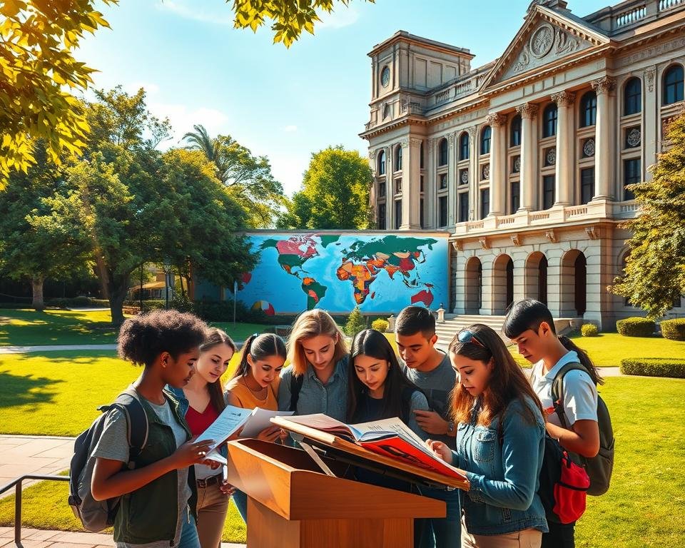 A sun-drenched campus, lush with verdant lawns and stately buildings, sets the stage for a scene showcasing the requirements for international student scholarships. In the foreground, a diverse group of students huddle around a podium, examining informational pamphlets and laptops, their expressions focused and determined. The middle ground reveals a mural depicting the global reach of education, with flags from various nations intertwined. In the background, a grand library stands tall, its ornate facade evoking a sense of academic prestige. Warm, golden lighting bathes the entire scene, creating an atmosphere of opportunity and scholarly pursuit. The composition invites the viewer to imagine themselves navigating the process of securing an international student scholarship, guided by the details and resources displayed.