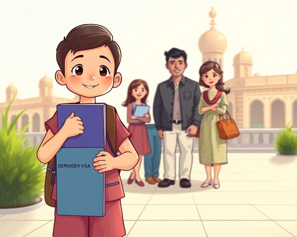 A tranquil scene showcasing the various types of dependent visas for international students' families. In the foreground, a young child holds travel documents, symbolizing the child dependent visa. In the middle ground, a family gathers together, their expressions conveying the sense of stability and security provided by these visas. The background features architectural elements suggestive of different cultural influences, hinting at the diverse nationalities of international students. Soft, diffused lighting creates a warm, welcoming atmosphere, underscoring the supportive nature of dependent visas. Captured through a wide-angle lens to encompass the comprehensive scope of this topic.