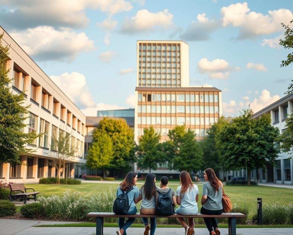 A tranquil university campus in Germany, with modern architecture and lush greenery. In the foreground, a group of diverse students, representing international scholars, gather around a bench, discussing potential study opportunities. In the middle ground, a towering library building with large windows, casting a warm glow. In the background, a clear sky with fluffy clouds, symbolizing the bright future awaiting these ambitious students. The scene is illuminated by soft, natural lighting, creating a serene and welcoming atmosphere, highlighting the importance of educational opportunities for foreign students in Germany.