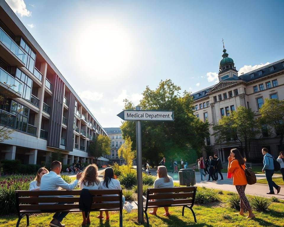A university campus in Germany, with modern buildings and lush greenery. In the foreground, a diverse group of students, from various cultural backgrounds, gathered around a bench, engaged in discussion. In the middle ground, a signpost points towards the medical department, the entrance marked by ornate architecture. In the background, a cloudless sky sets the scene, with the sun's rays casting a warm, inspiring glow over the entire composition. The atmosphere conveys a sense of academic excellence, international community, and the promise of opportunity for non-EU students pursuing medical scholarships in Germany.