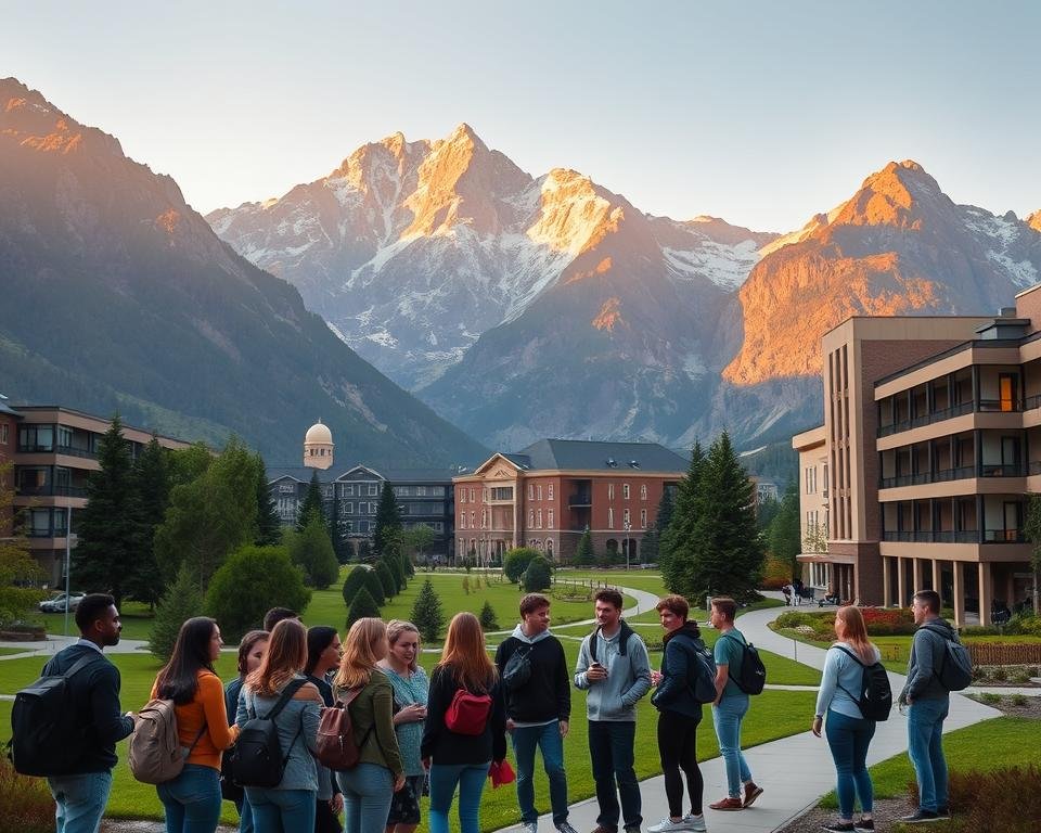 A university campus nestled against a backdrop of towering mountains, bathed in warm, golden sunlight. In the foreground, a group of diverse, enthusiastic students gather, engaged in animated discussions about their academic aspirations. The scene exudes a sense of camaraderie and intellectual curiosity, capturing the essence of the eligibility for undergraduate programs in Canada. The architecture of the campus buildings reflects a harmonious blend of modern and traditional styles, conveying the rich heritage and forward-thinking nature of the educational institutions. Lush greenery and inviting pathways weave through the scene, inviting the viewer to imagine themselves as part of this vibrant academic community.