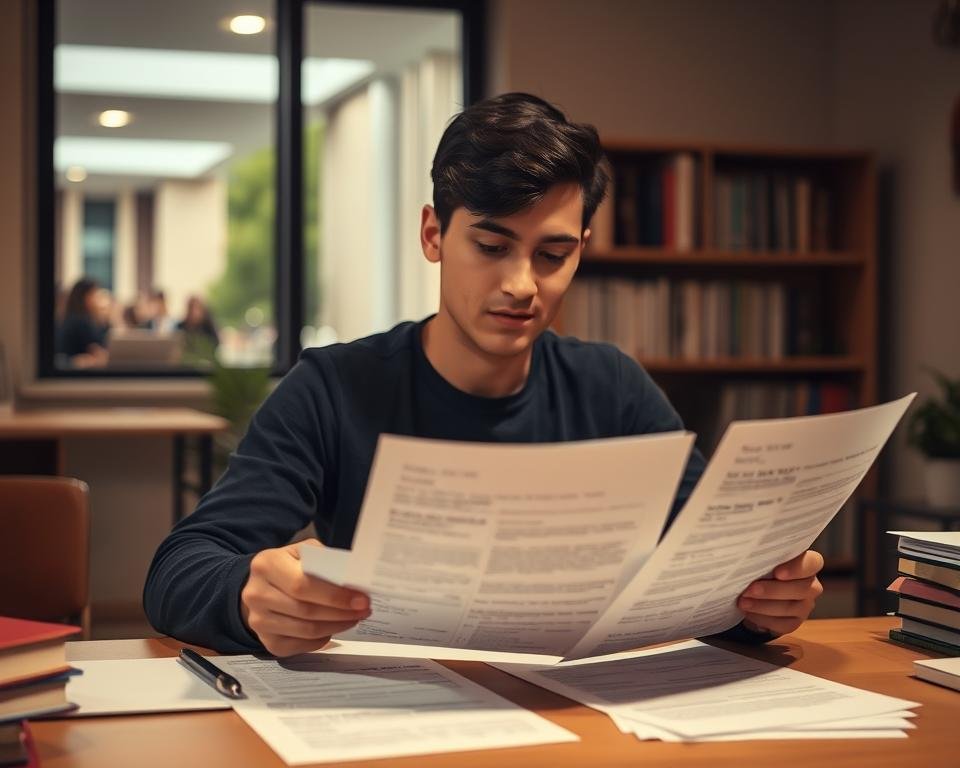 A university student sitting at a desk, carefully examining documents and forms related to the student visa renewal process. The scene is bathed in warm, diffused lighting, creating a contemplative atmosphere. In the background, a bookshelf and a window offering a glimpse of a bustling campus scene. The student's expression is focused, conveying the importance and complexity of the task at hand. The composition highlights the paperwork and the student's engagement with the renewal process, capturing the essence of "Understanding the Student Visa Renewal Process".