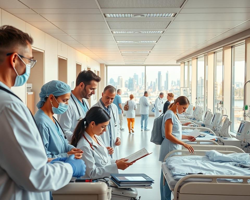 A vibrant and diverse healthcare workforce, with medical professionals from around the world, busily tending to patients in a modern German hospital. The foreground features a team of doctors, nurses, and technicians of varying ethnicities, collaborating intently over patient files and medical equipment. The middle ground showcases the clean, efficient halls of the hospital, filled with the hustle and bustle of staff and visitors. In the background, a panoramic view of the city skyline, reflecting Germany's welcoming embrace of global talent in the healthcare sector. Warm, natural lighting illuminates the scene, conveying a sense of professionalism, compassion, and opportunity for foreign medical personnel.