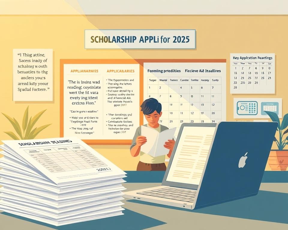 A vibrant and informative illustration showcasing "Scholarship Application Tips for 2025". In the foreground, a stack of application forms and a laptop with a spreadsheet detailing application deadlines. In the middle ground, a person reviewing recommendation letters and drafting a personal statement, surrounded by inspirational quotes on achieving academic success. In the background, a bulletin board displaying scholarship opportunities, financial aid resources, and a calendar highlighting key application milestones. The scene is bathed in a warm, golden light, conveying a sense of focus, diligence, and the promise of new possibilities. Subtle textures and a clean, minimalist design provide a professional yet approachable aesthetic.