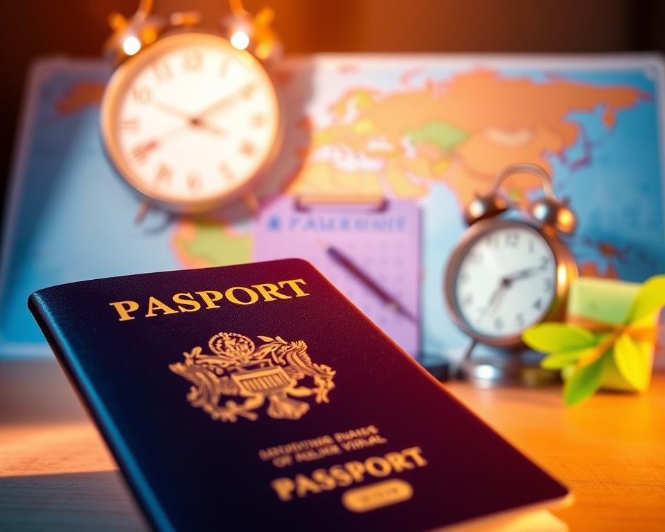 A vibrant and informative illustration showcasing the importance of visa extension tips. In the foreground, a detailed passport and visa document take center stage, illuminated by warm, natural lighting and captured from a slightly low angle to emphasize their significance. In the middle ground, a calendar and clock symbolize the time-sensitive nature of visa extensions, while a world map in the background suggests the global context. The overall composition conveys a sense of urgency and the need for careful planning when navigating the visa extension process.