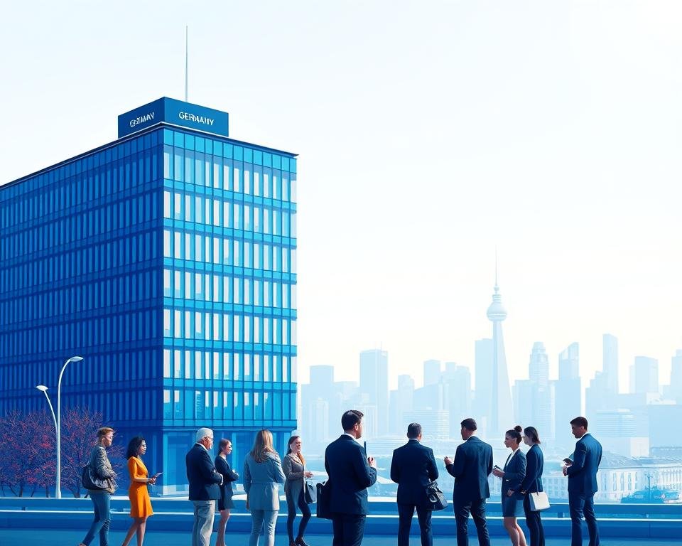 A vibrant and professional illustration of the Germany Blue Card program. An imposing blue-tinted building with a modern architectural design dominates the frame, representing the German government's administrative presence. In the foreground, a group of diverse professionals, dressed in business attire, engage in discussions, symbolizing the program's focus on skilled international talent. The background features a bustling city skyline, hinting at the program's urban setting and the opportunities it offers. Soft, directional lighting casts a contemplative, authoritative atmosphere, while a depth of field effect emphasizes the program's central focus. The overall composition conveys the Germany Blue Card's role in facilitating skilled migration and fostering a dynamic, international workforce.