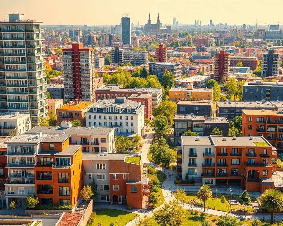 A vibrant architectural landscape showcasing diverse housing options for international students - from modern high-rise apartments to cozy student dormitories, traditional townhouses, and eco-friendly co-living spaces. The scene is bathed in warm, golden natural light, captured through a wide-angle lens to provide a comprehensive overview. In the foreground, detailed models of each housing type are displayed, allowing viewers to closely examine the unique features and amenities. The middle ground depicts a bustling city backdrop, with lush greenery, pedestrian walkways, and a sense of community. In the distance, the skyline is dotted with a mix of historic and contemporary buildings, creating a visually striking and inspiring tableau.