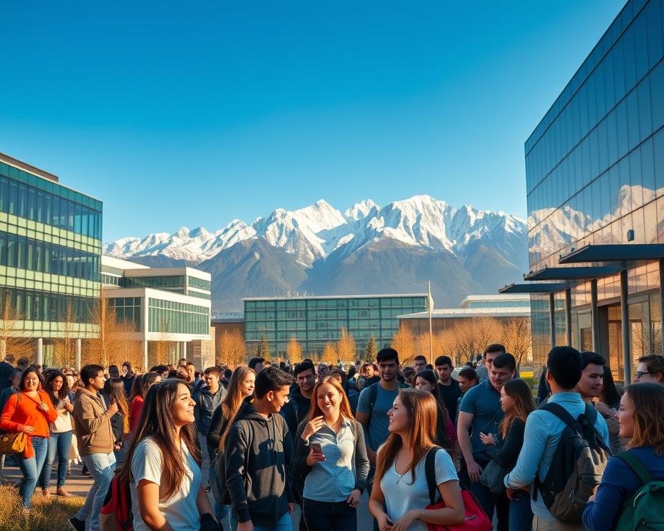 A vibrant, bustling university campus in Canada, with a diverse international student population. In the foreground, students from around the world converse and collaborate, their laughter and animated gestures filling the air. The middle ground showcases modern academic buildings, their glass facades reflecting the clear blue sky. In the background, the majestic Rocky Mountains rise, their snow-capped peaks a testament to Canada's natural beauty. Warm, golden lighting bathes the scene, creating a welcoming, inclusive atmosphere that captures the essence of international education in this captivating country.