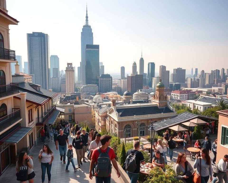 A vibrant cityscape unfolds, bustling with the energy of a global hub. In the foreground, a diverse group of international students explore meandering streets, pausing to admire local architecture and window-shop at charming boutiques. The midground features cozy cafes and lively plazas, where residents and visitors mingle over steaming cups of coffee and hearty local fare. The background is a panoramic view of towering skyscrapers, their glass facades reflecting the warm glow of the sun. The scene conveys a sense of discovery, cultural immersion, and the promise of new adventures that await those embarking on the journey of living and studying abroad.