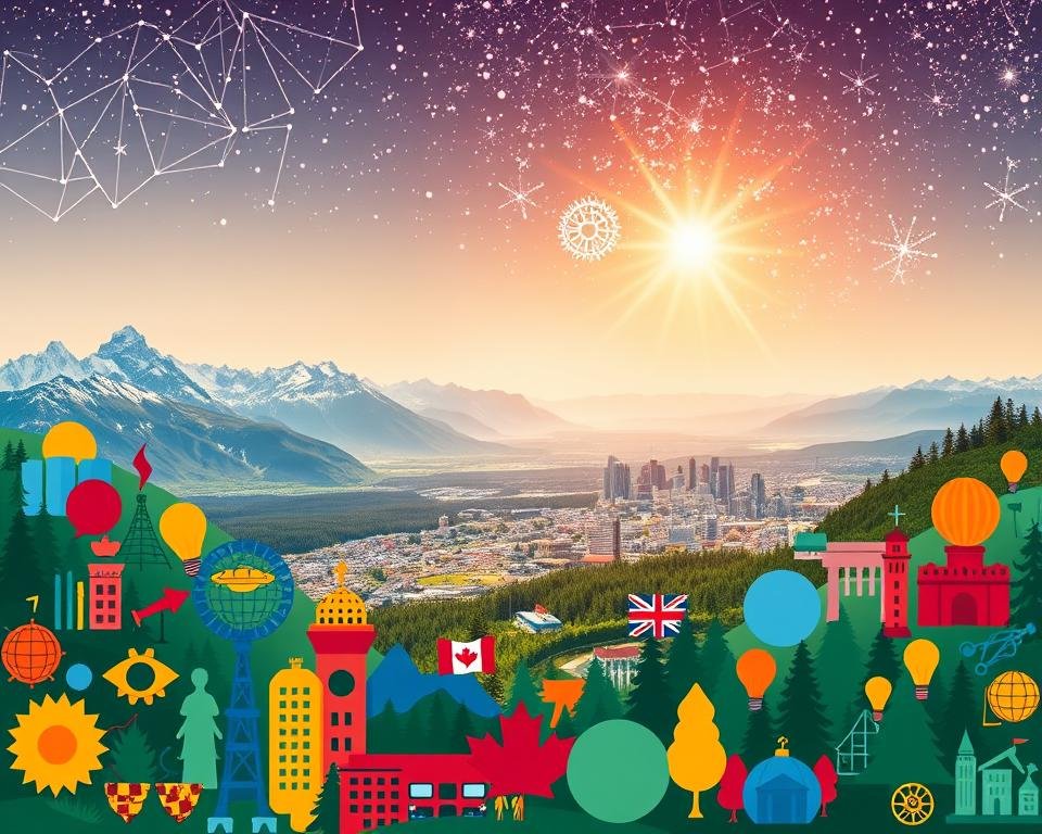 A vibrant collage showcasing a diverse array of scholarship opportunities in Canada. In the foreground, vivid icons and symbols representing various fields of study, from STEM to the arts, each casting a soft, warm glow. In the middle ground, a panoramic view of the Canadian landscape, with majestic mountains, verdant forests, and bustling cities, conveying the breadth and opportunity of this nation. In the background, a constellation of shimmering stars, signifying the boundless potential and global reach of these scholarships. Captured with a wide-angle lens, the scene is bathed in a golden, dreamlike light, creating a sense of hope, inspiration, and endless possibilities for international students seeking to further their education in Canada.
