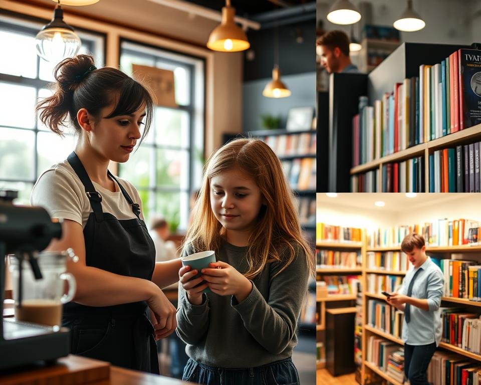 A vibrant collage showcasing various part-time employment opportunities for German students. In the foreground, a student working as a barista in a cozy café, the warm lighting and steam from the espresso machine creating a welcoming atmosphere. In the middle ground, a student tutoring younger children, their faces filled with concentration. In the background, a student stocking shelves in a local bookstore, the shelves lined with colorful book spines. The scene is captured with a wide-angle lens, emphasizing the diverse range of part-time jobs available to students in Germany, each offering valuable work experience and flexible schedules to accommodate academic responsibilities.