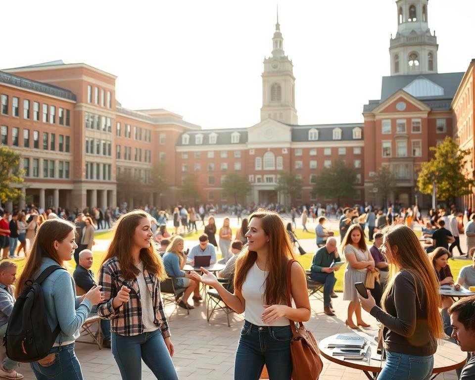 A vibrant college campus scene, with students busily moving through the quad. In the foreground, a group of young people engaged in lively discussion, gesturing animatedly as they talk about their part-time jobs and how they balance their studies and work. The middle ground features a mix of students studying at outdoor tables, some typing on laptops, others reading textbooks. In the background, the campus buildings stand tall, their architecture a mix of modern and traditional styles, symbolizing the university's commitment to education. The scene is bathed in warm, golden sunlight, creating a sense of energy and productivity. The overall mood is one of purpose, determination, and the importance of part-time work in enriching the student experience.