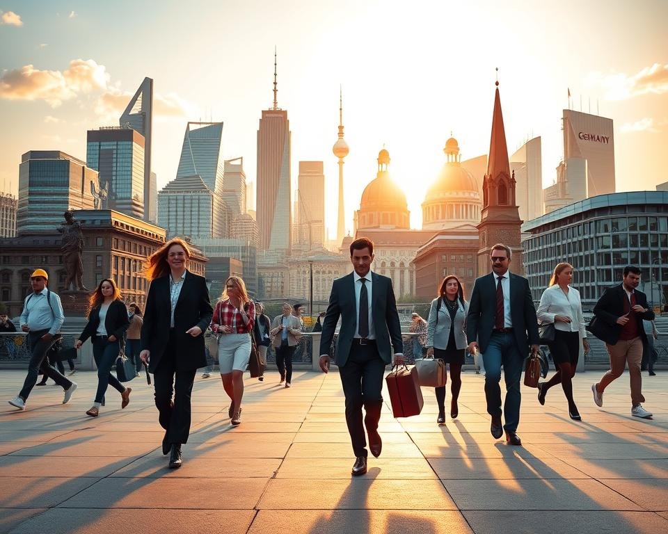 A vibrant, dynamic cityscape showcasing the diverse work opportunities in Germany for 2025. In the foreground, professionals from various industries stride purposefully, briefcases in hand, reflecting the bustling energy of the city. The middle ground features a mix of modern high-rises and historic architecture, symbolizing the country's blend of innovation and tradition. Warm, diffuse lighting filters through the scene, casting a golden glow and creating a sense of welcoming prosperity. In the background, the iconic landmarks of Germany's major cities rise majestically, hinting at the wealth of cultural and economic attractions the country has to offer. The overall atmosphere conveys a sense of optimism, progress, and the vast potential for rewarding careers in this thriving European powerhouse.
