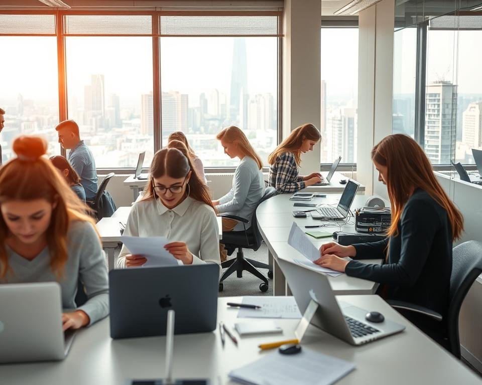 A vibrant, dynamic scene of part-time work for students in Germany. In the foreground, a group of young adults are engaged in various tasks - some typing on laptops, others arranging papers or using office equipment. They exude a sense of focus and productivity, capturing the essence of student part-time employment. In the middle ground, the workspace is filled with modern desks, chairs, and a minimalist aesthetic, conveying a professional yet youthful atmosphere. The background features a window overlooking a bustling city skyline, suggesting the urban setting of this part-time work opportunity. Warm, natural lighting filters through, creating a soft, encouraging mood. The overall composition highlights the importance of part-time work for students in Germany, blending practicality, academic diligence, and a glimpse of the vibrant city beyond.