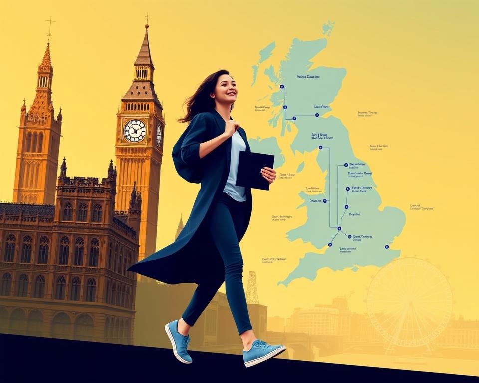 A vibrant illustration of the UK Graduate Route and Post-Study Work Visa. In the foreground, a young graduate strides confidently, diploma in hand, against a backdrop of the iconic British landmarks - the Houses of Parliament, Big Ben, and the London Eye. The middle ground features a detailed map of the United Kingdom, highlighting visa application steps and pathways. The background is a soft, warm-toned cityscape, symbolizing the limitless opportunities available to international students in the UK. The scene is illuminated by a golden, ambient light, conveying a sense of optimism and ambition. The composition masterfully blends the practical and the aspirational, capturing the essence of this transformative visa program.