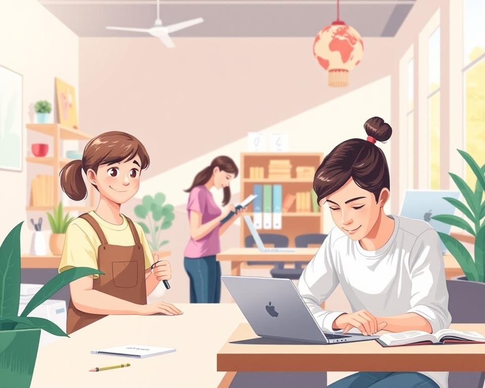A vibrant illustration showcasing the benefits of part-time jobs for students. In the foreground, a young student diligently working at a cafe counter, serving customers with a warm smile. In the middle ground, another student tutoring a younger peer, imparting knowledge while gaining valuable experience. In the background, a student balancing work with studies, typing on a laptop while referencing textbooks, exemplifying time management skills. Soft, natural lighting illuminates the scene, conveying a sense of productivity and personal growth. The overall composition highlights the opportunities for skill development, financial independence, and real-world exposure that part-time employment can provide for students.