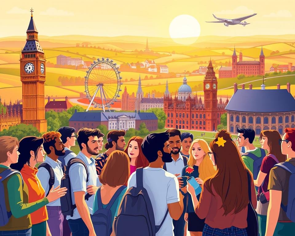 A vibrant illustration showcasing the benefits of studying in the UK for international students. In the foreground, a diverse group of students from around the world engage in lively discussions, representing the multicultural environment of UK universities. In the middle ground, iconic landmarks like Big Ben, the London Eye, and historic academic buildings symbolize the rich cultural and educational heritage. The background features a picturesque countryside landscape, rolling hills, and a bright, sunny sky, conveying the natural beauty and tranquility of the UK. The scene is bathed in warm, golden lighting, creating a welcoming and inspiring atmosphere. Captured through a wide-angle lens, the composition emphasizes the sense of opportunity, diversity, and global connectivity that studying in the UK offers.