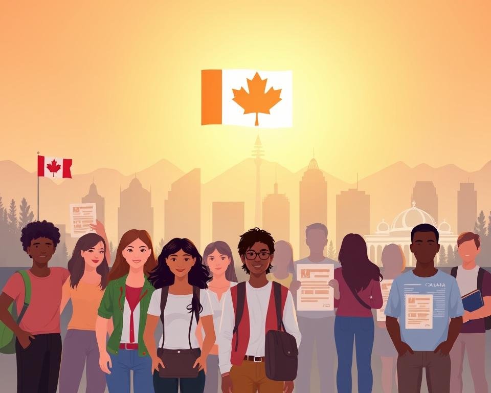 A vibrant, informative illustration showcasing the diverse Canadian immigration pathways available to international students. In the foreground, a group of young, diverse students stand confidently, representing the international student population. The middle ground depicts silhouettes of various immigration application forms, symbolizing the different programs and processes. In the background, the iconic Canadian landscape unfolds, with the maple leaf flag prominently displayed, conveying a sense of national pride and belonging. The scene is illuminated by warm, inviting lighting, creating an atmosphere of hope and opportunity. Captured through a wide-angle lens, the image conveys a comprehensive, holistic view of the Canadian immigration landscape for international students.