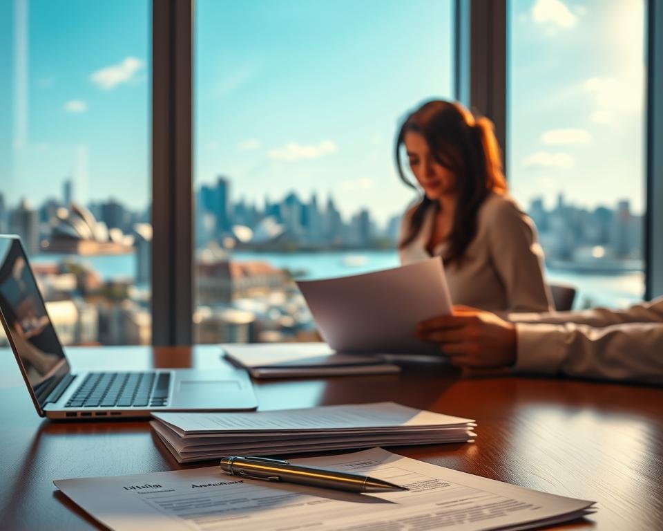 A vibrant, photorealistic image of the Australia post-study work visa application process. In the foreground, a desk with an open laptop, a stack of documents, and a pen. The middle ground features a person, possibly an immigration officer, reviewing the application materials. In the background, a window overlooking a bustling city skyline, with the iconic Sydney Opera House visible in the distance. The lighting is warm and natural, creating a sense of professionalism and efficiency. The angle is slightly elevated, giving the viewer a sense of the scale and importance of the process.