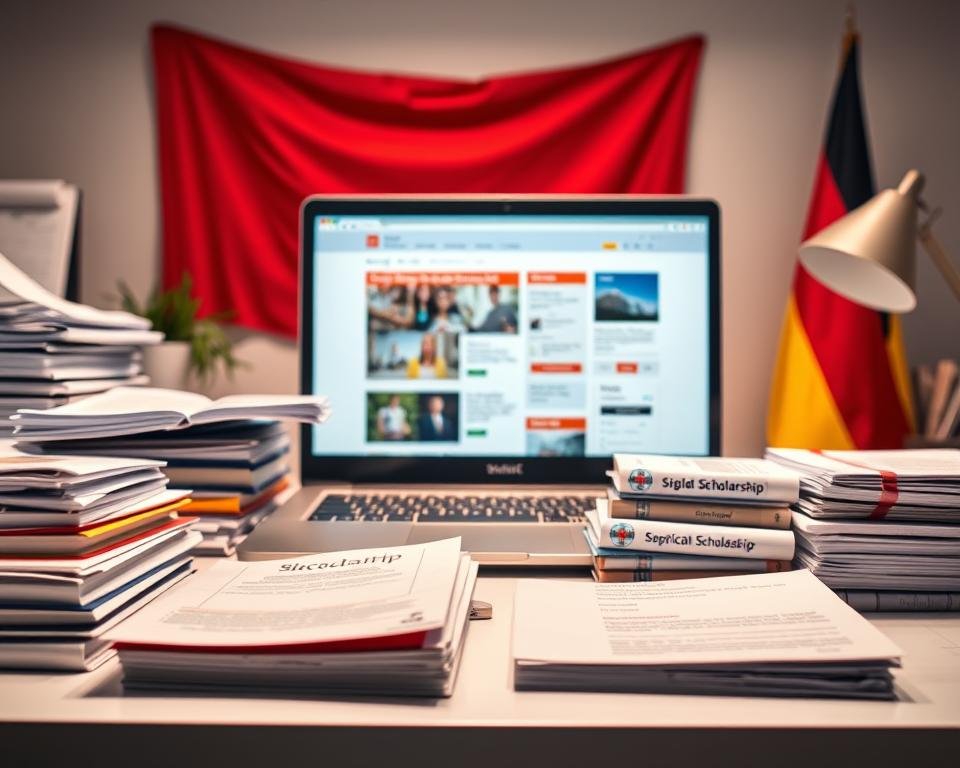 A vibrant, well-lit desktop scene showcasing a selection of the top scholarships available in Germany for international students in 2025. In the foreground, several stacks of documents, brochures, and application forms are neatly arranged, highlighting the different scholarship programs. In the middle ground, a laptop displays scholarship application portals and websites, while a German flag stands proudly in the background, conveying the national context. The entire composition is bathed in a warm, inviting lighting, creating a sense of opportunity and academic excellence. The scene exudes an atmosphere of academic rigor, international diversity, and the promise of life-changing educational experiences for ambitious students seeking to study in Germany.