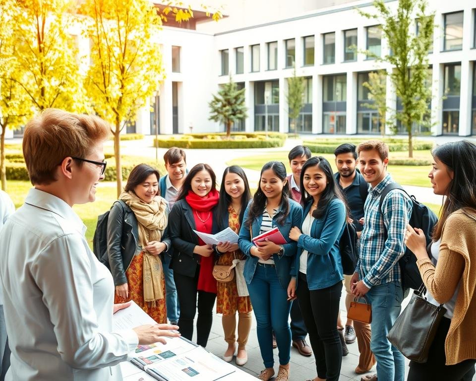 A vibrant, well-lit scene of a university campus, with a central focus on a group of diverse students gathered around a scholarship information booth. In the foreground, a friendly staff member is gesturing towards brochures and documents, engaging the attentive group. The middle ground features a mix of international students, some in traditional attire, others in casual wear, all displaying expressions of interest and enthusiasm. Surrounding the central scene, the background depicts the manicured grounds of the university, with modern architectural elements and lush greenery, conveying a sense of academic excellence and global inclusivity. The lighting is warm and inviting, creating a welcoming atmosphere that reflects the opportunities available for non-EU students to pursue their studies in Germany.