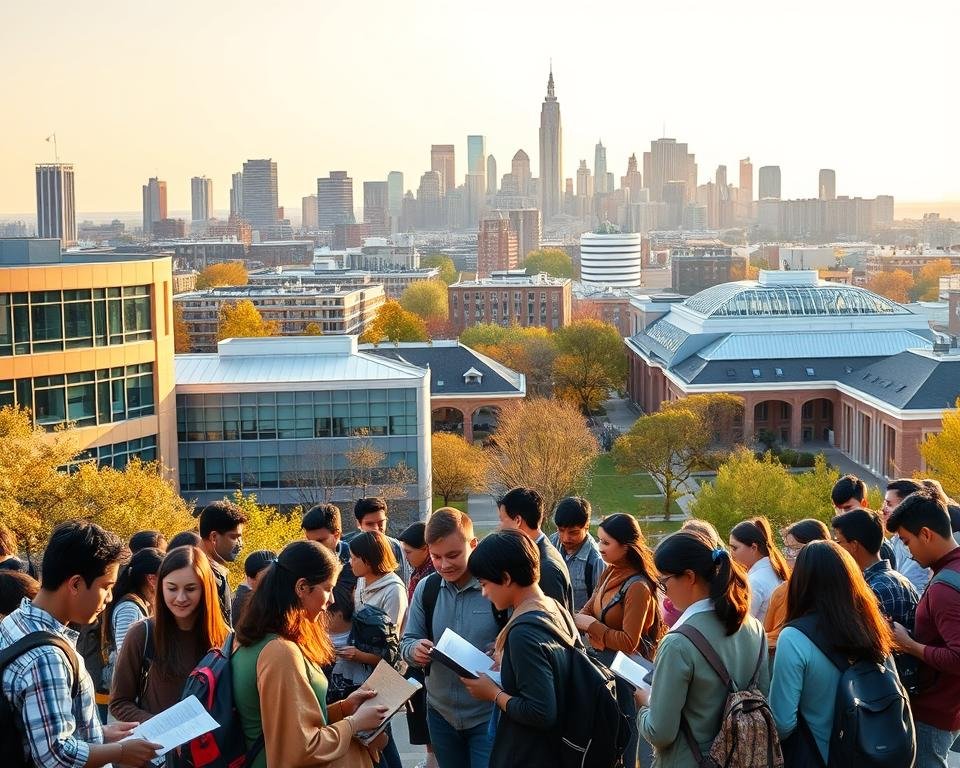 A warm-lit, high-resolution panoramic image of a bustling university campus in the United States. In the foreground, a diverse group of international students engrossed in discussions, reviewing documents, and navigating the admissions process. The middle ground showcases administrative buildings with signs indicating admissions offices, financial aid, and student services. In the background, a picturesque skyline of modern academic facilities, reflecting the vibrant intellectual environment. The overall scene conveys a sense of excitement, opportunity, and the profound impact of pursuing higher education in the USA.