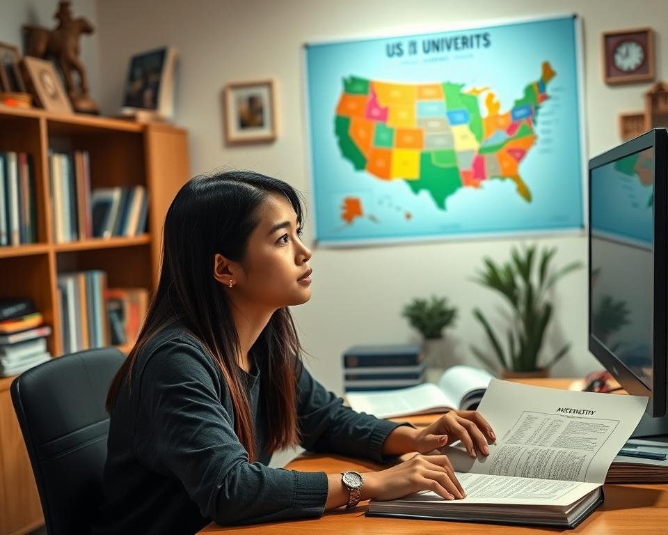 A well-lit academic study area featuring a desktop computer, open textbooks, and a stack of university application materials. In the foreground, a thoughtful international student considering their next steps, with a university acceptance letter visible on the desk. The middle ground showcases a vibrant map of the United States, highlighting various prestigious universities. In the background, a bookshelf and wall decor create a scholarly atmosphere. The lighting is soft and warm, conveying a sense of focus and determination. The overall composition guides the viewer through the process of applying to US universities as an international student.