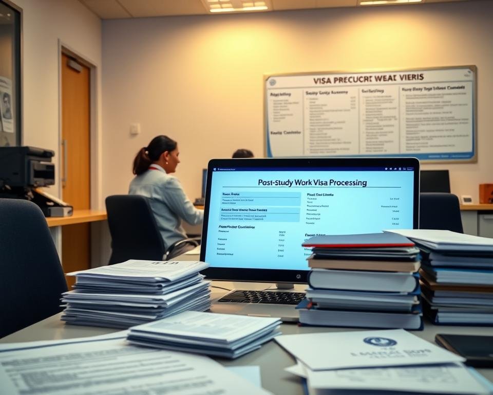 A well-lit administrative office space, with a central desk showcasing the steps involved in post-study work visa processing. In the foreground, a laptop displays an online application form, surrounded by stacks of official documents. In the middle ground, an official stamping a passport with a visa, while in the background, a bulletin board displays visa processing timelines and requirements. The lighting is warm and professional, with clean lines and a sense of organized efficiency, reflecting the seriousness and importance of the visa application process.