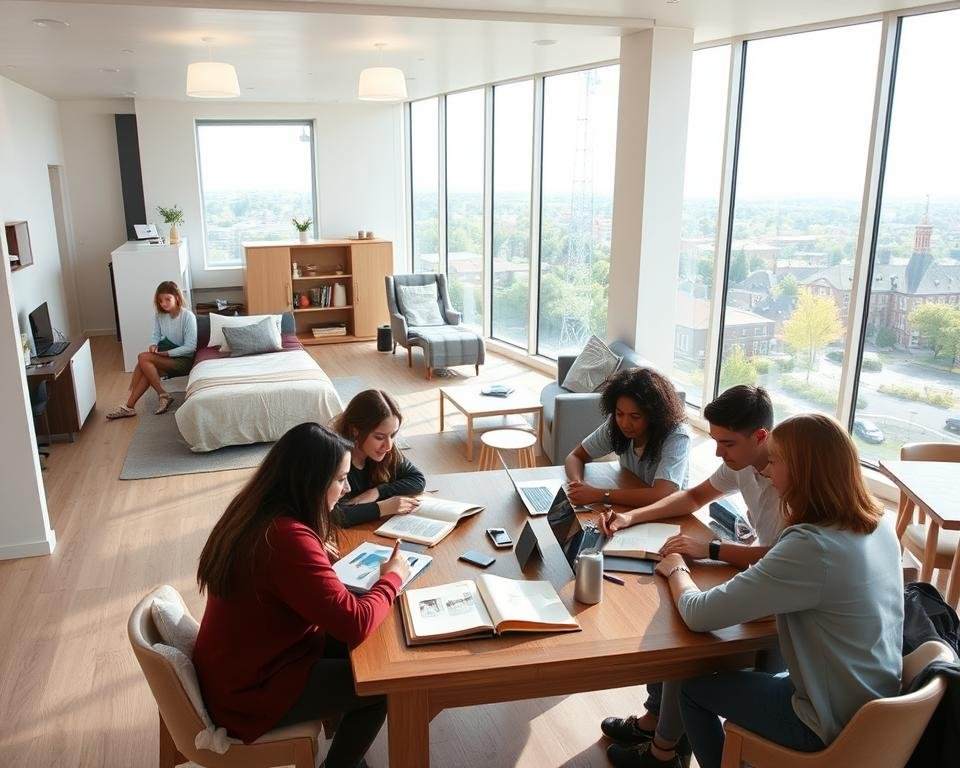 A well-lit, airy student accommodation with an inviting, cozy atmosphere. In the foreground, a group of diverse students studying together at a wooden table, textbooks and laptops open. In the middle ground, various student living arrangements like a shared kitchen, living room, and individual bedrooms with minimal, modern decor. The background features large windows overlooking a picturesque campus, bathed in warm, natural lighting. The overall scene conveys a sense of community, productivity, and comfort - reflecting the vibrant, enriching nature of student living options.
