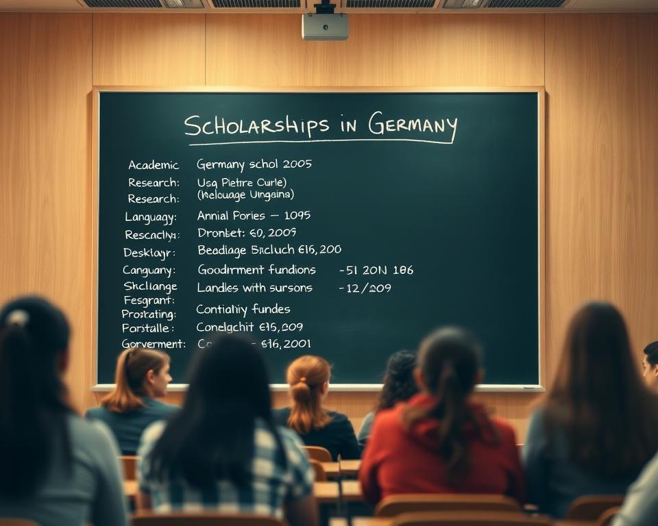 A well-lit classroom interior, with a large chalkboard or whiteboard taking up the center of the frame. On the board, various types of scholarships in Germany are neatly listed and categorized, including academic, research, language, exchange, and government-funded programs. In the foreground, a group of students sit at desks, engaged in discussion, their faces slightly blurred to maintain focus on the board. The lighting is warm and inviting, creating a atmosphere of learning and opportunity. The camera angle is slightly elevated, giving a comprehensive view of the classroom setting and the scholarship information displayed prominently.