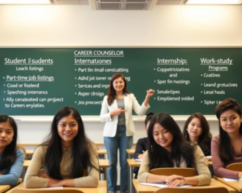A well-lit classroom scene with a chalkboard in the background, showcasing various student employment options. In the foreground, a group of international students sitting at desks, their faces conveying a sense of determination and focus. In the middle ground, a career counselor stands, gesturing towards a display of part-time job listings, internship opportunities, and work-study programs. The lighting is warm and inviting, creating a sense of academia and professionalism. The overall atmosphere is one of guidance, empowerment, and a commitment to helping international students navigate the job market.