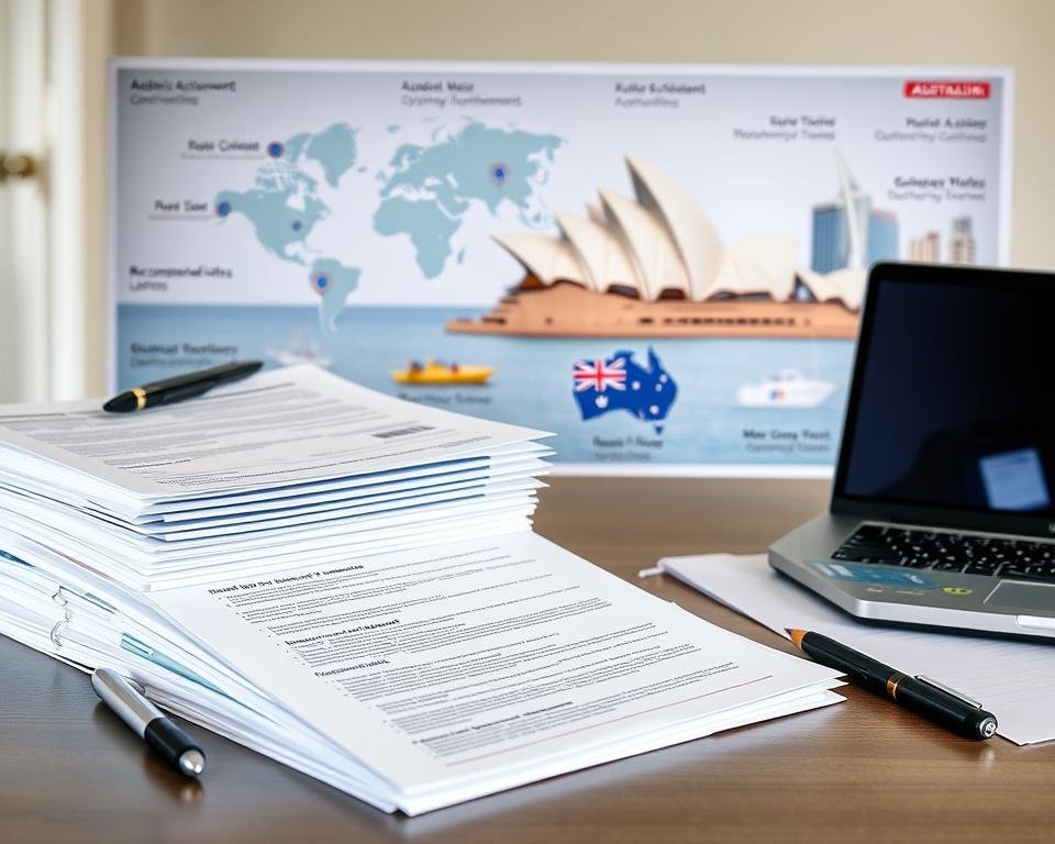 A well-lit, high-quality image depicting the key steps to prepare a strong application for Australian universities. The foreground shows a stack of application documents, neatly organized, with a pen, calculator, and laptop nearby, conveying the attention to detail required. The middle ground features a world map with Australia highlighted, along with icons representing academic achievements, extracurricular activities, and recommendation letters. The background showcases the iconic Sydney Opera House and other Australian landmarks, evoking the destination and the competitive nature of the application process. The overall mood is one of focus, diligence, and aspirations, reflecting the necessary effort to secure a spot at a top Australian institution.