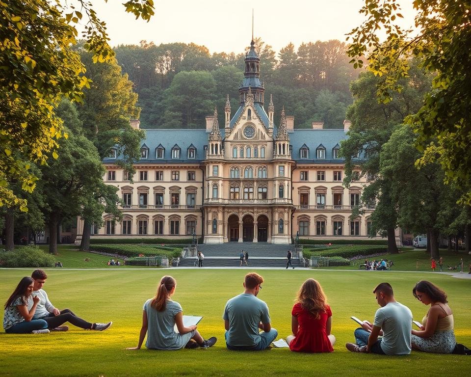 A well-lit, high-resolution image depicting a serene university campus in Germany. In the foreground, several diverse students sit on a manicured lawn, engrossed in their studies. In the middle ground, a grand, neo-Gothic academic building commands attention, its ornate architecture bathed in warm, golden light. In the background, a lush forest canopy frames the scene, creating a picturesque, tranquil atmosphere. The overall mood conveys the prestige and opportunity associated with government-funded scholarships abroad, specifically for students pursuing higher education in Germany.