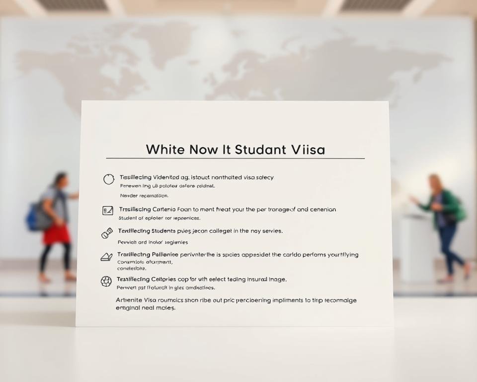 A well-lit, high-resolution image depicting the eligibility requirements for student visa renewal. The foreground features a clean, minimalist design with a neutral color palette, showcasing a list of key criteria in an organized, easy-to-read format. The middle ground includes relevant icons or illustrations that visually reinforce the textual information. The background has a subtle, blurred world map or university campus scene to convey the international educational context. The lighting is soft and directional, creating depth and drawing the viewer's attention to the essential details. The composition is balanced and inviting, conveying a sense of professionalism and authority on the subject matter.