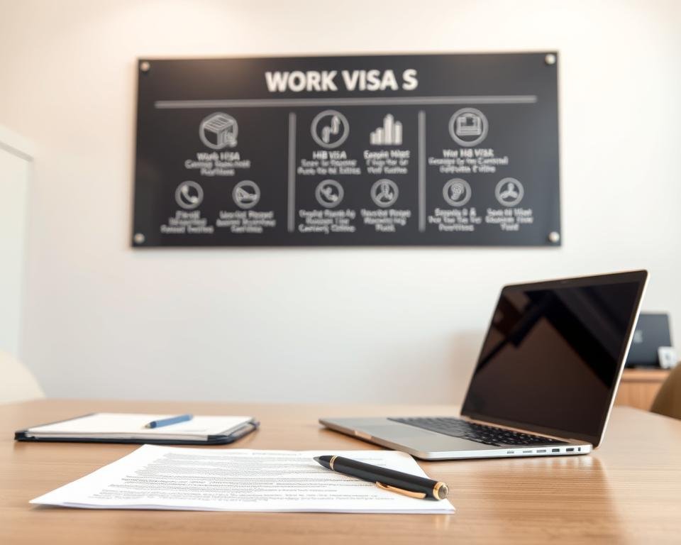 A well-lit, high-resolution image of a professional-looking office desk featuring a laptop, documents, and a pen. In the background, a wall display showcases various work visa options, including the H-1B visa, with clear icons and labels. The overall scene conveys a sense of diligence, opportunities, and the path to secure employment in the United States after graduation. The image is captured from a slightly elevated angle, creating a sense of depth and emphasizing the key elements.