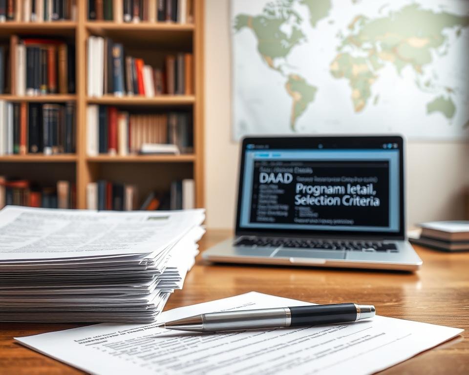 A well-lit, high-resolution photograph of eligibility requirements for DAAD scholarships in Germany. In the foreground, a stack of application forms and a pen resting on a wooden desk. In the middle ground, a laptop displaying information about DAAD program details and selection criteria. In the background, a bookshelf filled with academic textbooks and a world map, hinting at the global reach of the DAAD. The lighting is soft and diffused, creating a professional, scholarly atmosphere. The angle is slightly elevated, giving a sense of authority and distinction to the subject matter.