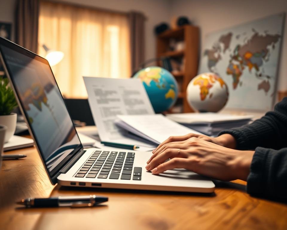 A well-lit home office with a laptop, documents, and a globe on the desk, showcasing the process of applying for internships abroad. The foreground features a person's hands typing on the laptop keyboard, while the middle ground displays various application materials such as form files and a pen. The background depicts a world map or globe, representing the global nature of the internship search. The lighting is warm and inviting, creating a focused and productive atmosphere. The overall scene conveys the steps and mindset necessary for successfully navigating the internship application process in an international context.