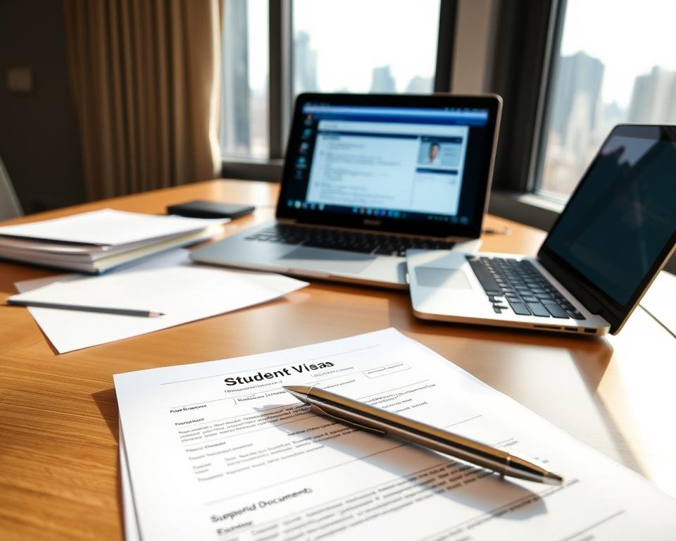 A well-lit, neatly organized desk with student visa documents, a laptop, and a pen. In the foreground, the visa application form and supporting documents are displayed, conveying the necessary requirements. The middle ground features a laptop displaying relevant visa information, suggesting the research and preparation needed. The background showcases a window with a city skyline, evoking a sense of global connectivity and the international nature of student visas. The overall scene has a professional, yet approachable atmosphere, guiding the viewer through the student visa renewal process.