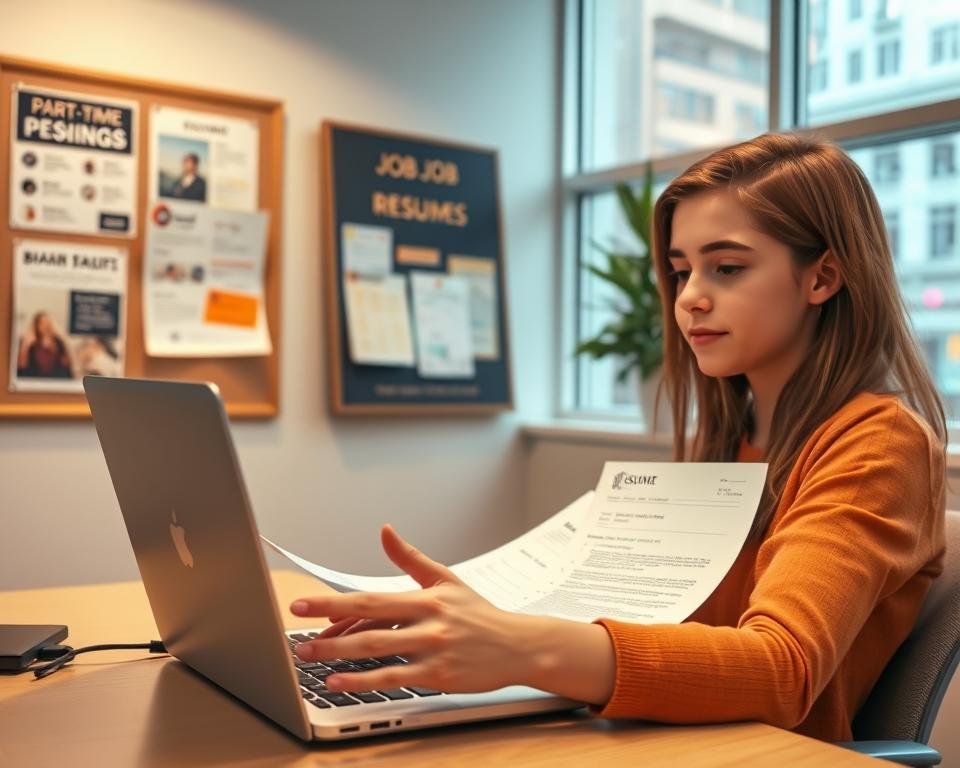 A well-lit office interior, with a young student sitting at a desk, their laptop open and resume in hand. In the foreground, their hands are gesturing as they fill out an online job application form. The middle ground features a bulletin board with flyers for part-time job openings, while the background showcases windows overlooking a lively city street. The lighting is warm and inviting, creating a sense of focus and determination as the student navigates the job search process.