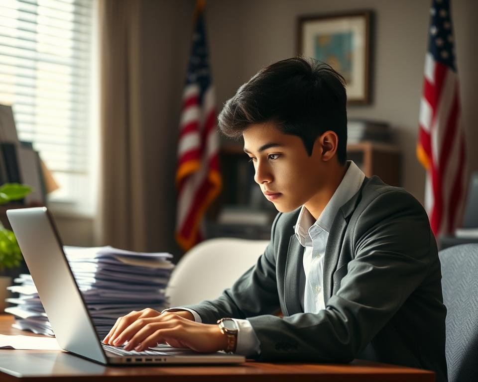 A well-lit office scene with a young student intently focused on their laptop, surrounded by stacks of paperwork and a U.S. flag in the background. They are dressed professionally, brow furrowed in concentration as they navigate the process of renewing their student visa. The lighting is soft, casting a warm glow on the scene, conveying a sense of diligence and attention to detail. The overall atmosphere is one of seriousness and determination, reflecting the importance of the task at hand.