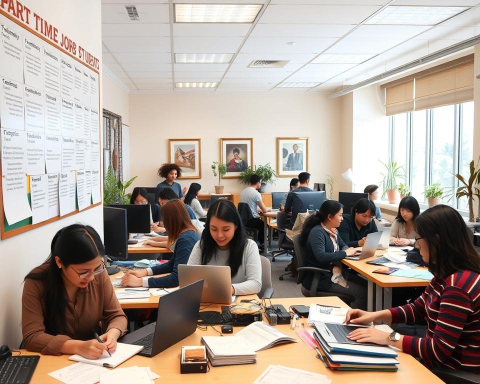 A well-lit office setting with a diverse group of international students working at their desks, computers, and papers scattered around. In the foreground, a bulletin board showcases a variety of part-time job opportunities, ranging from tutoring and retail to freelance work and campus jobs. The middle ground features a mix of students engaged in discussion, some typing on laptops, and others reviewing job postings. The background has a warm, professional atmosphere with potted plants, framed artwork, and a large window allowing natural light to filter in, creating a welcoming and productive environment.