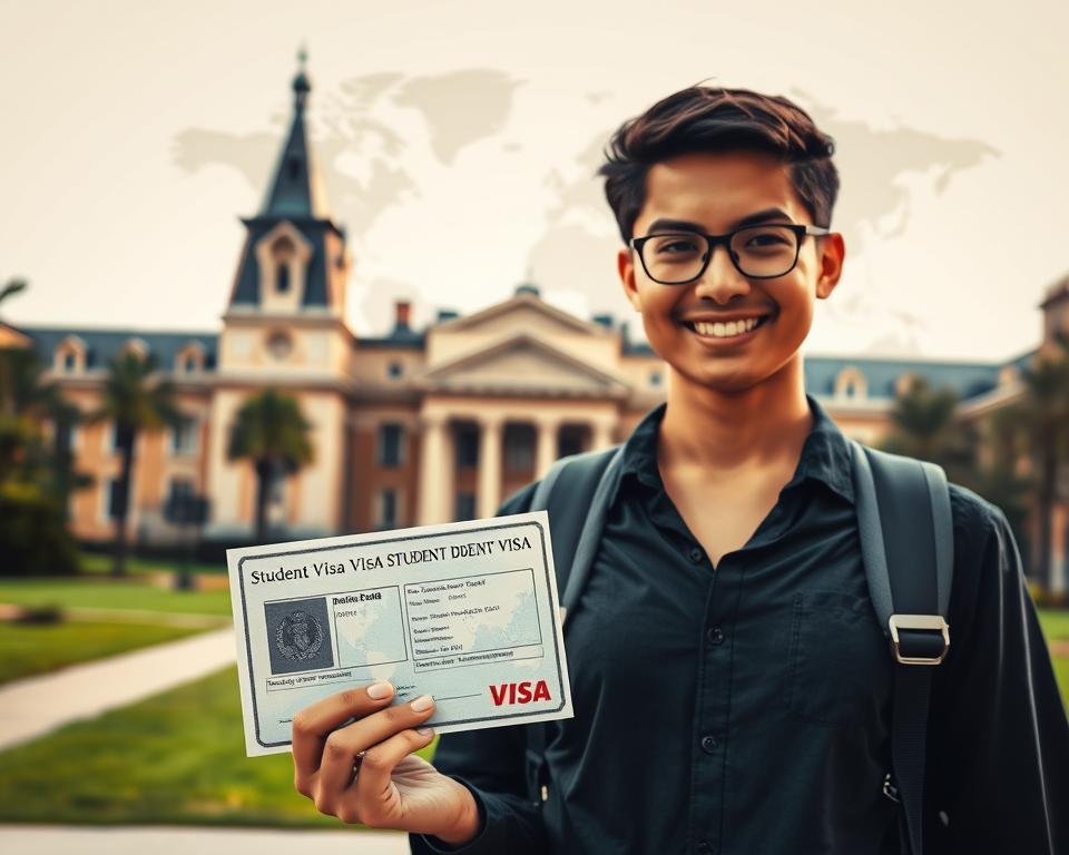 A well-lit, photorealistic scene depicting the importance of student visa renewal. In the foreground, a student stands confidently, their visa document prominently displayed. Behind them, a university campus with grand architectural features, representing the academic opportunities enabled by a valid student visa. In the background, a world map or globe, symbolizing the global reach and recognition of the student's education. The lighting is warm and inviting, conveying a sense of security and accomplishment. The composition emphasizes the central role of the student visa in facilitating international academic pursuits.