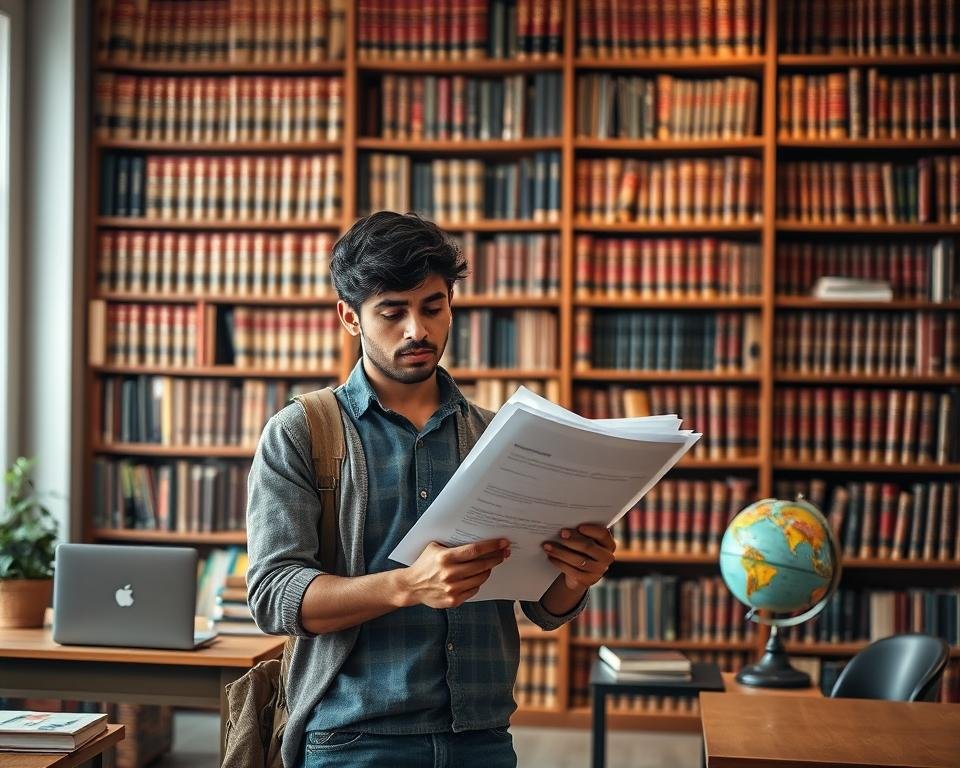 A well-lit, realistic school setting with an international student standing in the foreground, looking perplexed while studying a stack of documents. In the middle ground, a desk with a laptop, books, and a globe, symbolizing the academic environment. In the background, a large bookshelf filled with legal volumes, hinting at the complex bureaucratic processes involved in student visas. Soft, warm lighting casts a contemplative mood, emphasizing the student's thoughtful expression as they navigate the intricacies of studying abroad under visa restrictions.