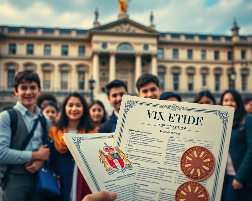 A well-lit, vibrant scene depicting the intricate UK student visa system. In the foreground, an ornate, official-looking document with a coat of arms and seals, symbolizing the formal application process. In the middle ground, a group of diverse international students, their faces expressing a mix of anticipation and focus, as they navigate the bureaucratic maze. In the background, a grand, architecturally impressive government building, its imposing presence reflecting the gravity of the visa system. The overall mood is a blend of formality, complexity, and the aspirations of those seeking educational opportunities in the UK.
