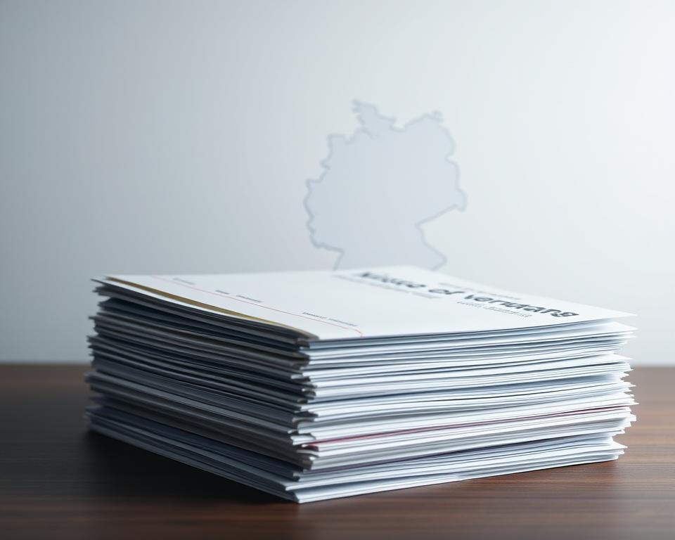 A well-organized document displaying the visa requirements for Germany, with a clean, minimalist design. Set against a subtly textured background, the foreground features a neatly arranged stack of official-looking documents, their crisp edges and seals conveying a sense of authority. Subtle lighting casts gentle shadows, creating depth and emphasizing the tactile quality of the paperwork. In the middle ground, a stylized map of Germany, its borders delineated, provides context. The overall mood is one of professionalism and attention to detail, guiding the viewer through the complexities of the visa application process.