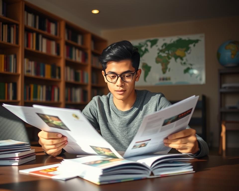 A young international student sitting at a desk, carefully filling out university application forms and sorting through brochures and pamphlets. The room is well-lit, with warm, directional lighting casting shadows and highlights across the scene. The walls are lined with bookshelves, suggesting an academic setting. In the background, a world map or globe hints at the student's global perspective. The mood is one of focused determination, as the student navigates the complex process of applying to British universities from their home country.