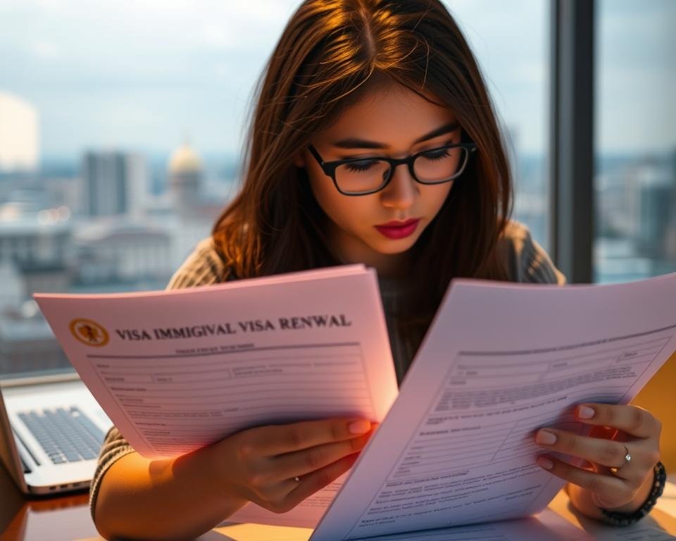 A young student intently studying immigration documents under warm, focused lighting. In the foreground, the student's hands hold official forms, highlighting the process of visa renewal. The middle ground features a laptop and desk, symbolizing the administrative tasks involved. The background softly depicts a cityscape, suggesting the broader context of international education. The overall scene conveys a sense of concentration, determination, and the importance of navigating the student visa renewal journey successfully.