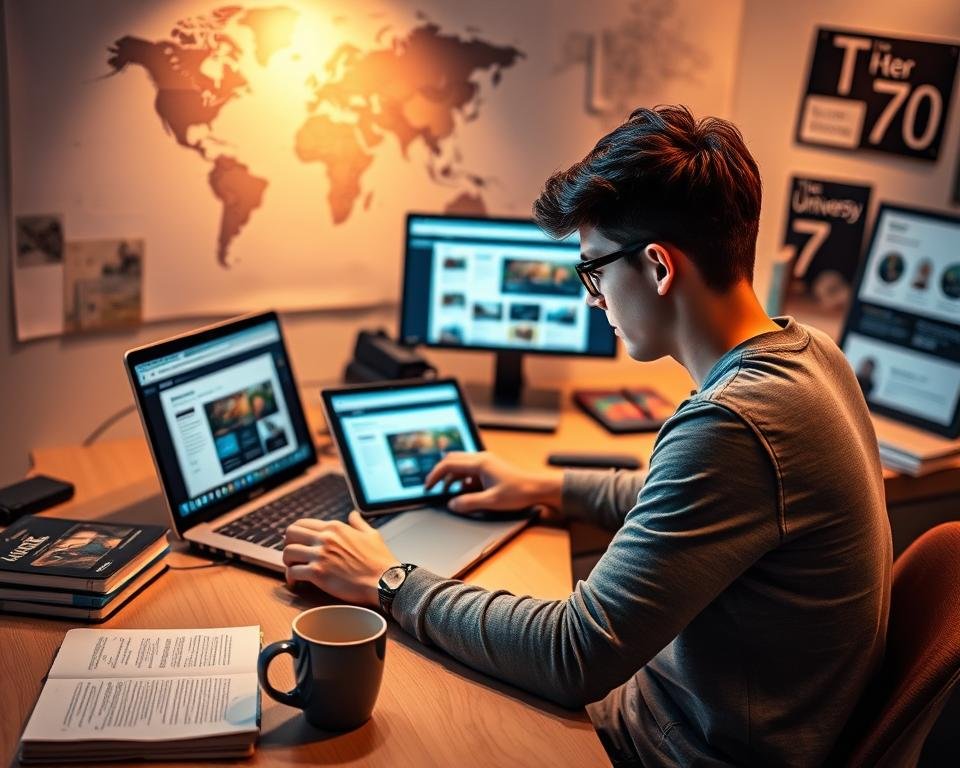 A young student sitting at a desk, intently researching university websites and course catalogs on multiple laptop and tablet screens. Warm, focused lighting illuminates the study materials, creating a contemplative atmosphere. The desk is neatly organized with textbooks, notepads, and a mug of coffee, conveying a sense of diligent, thoughtful preparation. In the background, a world map or university brochures provide context for the university exploration. The scene strikes a balance between academic rigor and the excitement of planning one's future educational journey in Australia.