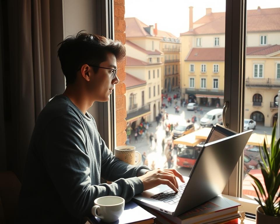 A young university student immersed in their studies, surrounded by the vibrant culture and architecture of Spain. The foreground depicts the student diligently working on a laptop, with a cup of coffee and textbooks nearby, conveying a sense of focused productivity. The middle ground captures the student glancing out a window, gazing at the bustling street below, filled with pedestrians, vehicles, and the iconic red-tiled roofs of Spanish buildings. In the background, a sun-drenched plaza comes into view, bustling with activity and the rich colors of local life. Natural lighting filters through the window, casting a warm, inviting glow and creating a harmonious atmosphere. The overall scene reflects the rewarding experience of balancing part-time work and academic pursuits while immersed in the vibrant culture of Spain.