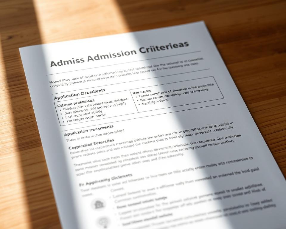 An academic document with university admission criteria including course prerequisites, application deadlines, and required documents. A clean, minimalist layout with neat typography and icons to represent key application requirements. Warm, neutral tones create a professional, authoritative atmosphere. Soft focus and depth of field draw attention to the core content. Natural lighting from the side casts gentle shadows, adding depth and dimension. Presented in an approachable, informative style to guide prospective students through the application process for Australian universities.